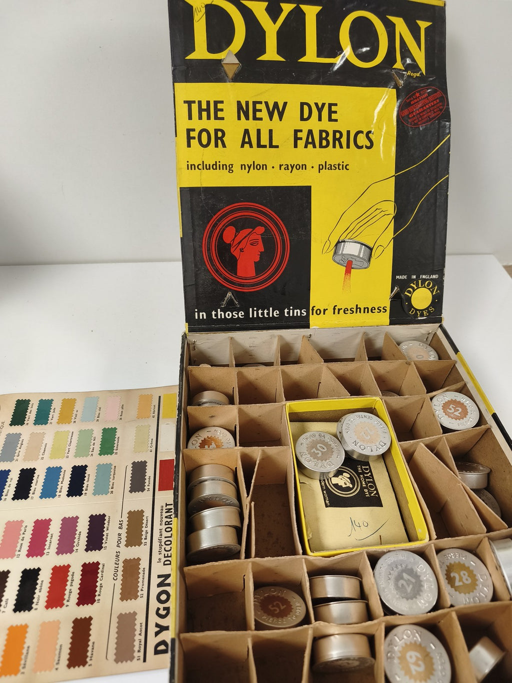 Vintage Dylon présentoir teintures tissu publicitaire ancien boîte métal
