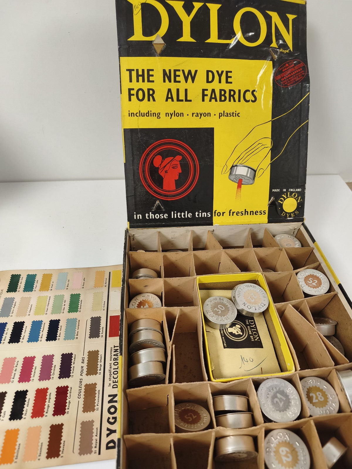 Vintage Dylon présentoir teintures tissu publicitaire ancien boîte métal