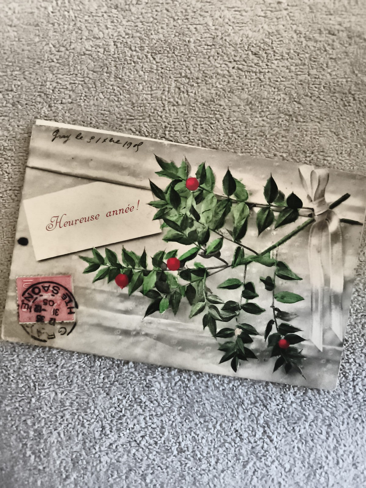 CPA ancienne Heureuse année gui 1908 timbre Les Sables carte postale