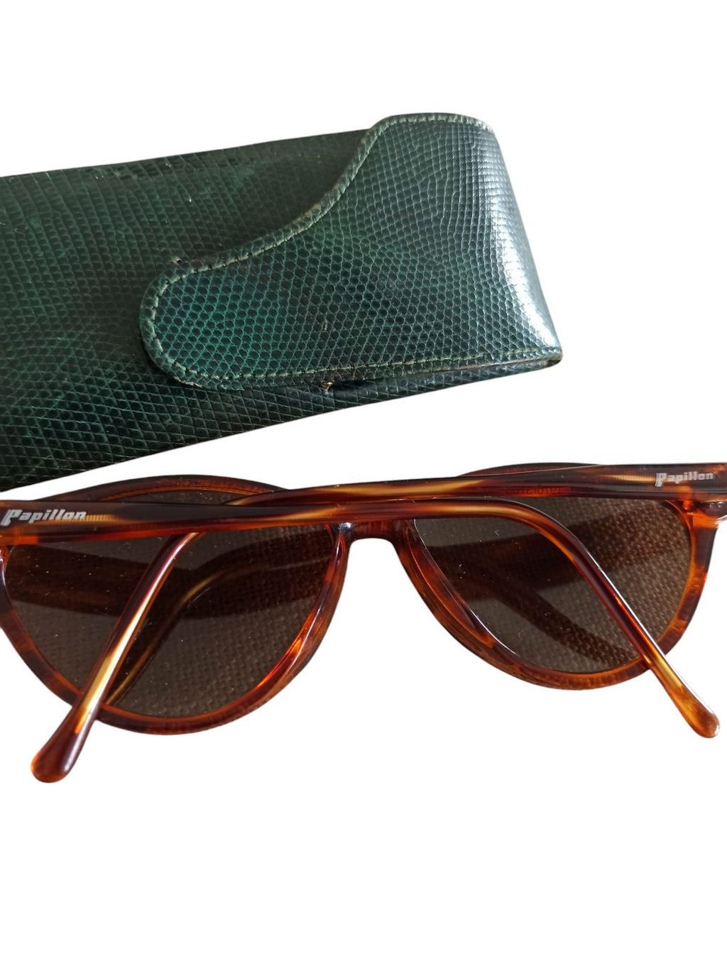 Lunettes de soleil Papillon vintage écaille avec étui cuir vert rétro
