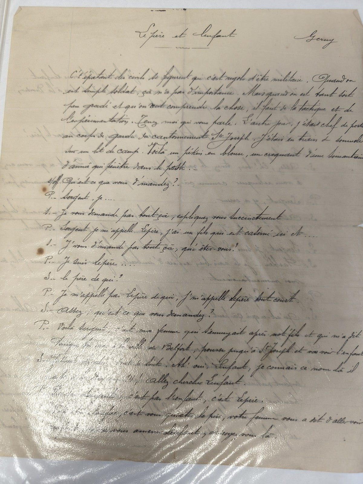 Ancien manuscrit français « Le père et l?enfant » dialogue manuscrit XIXe