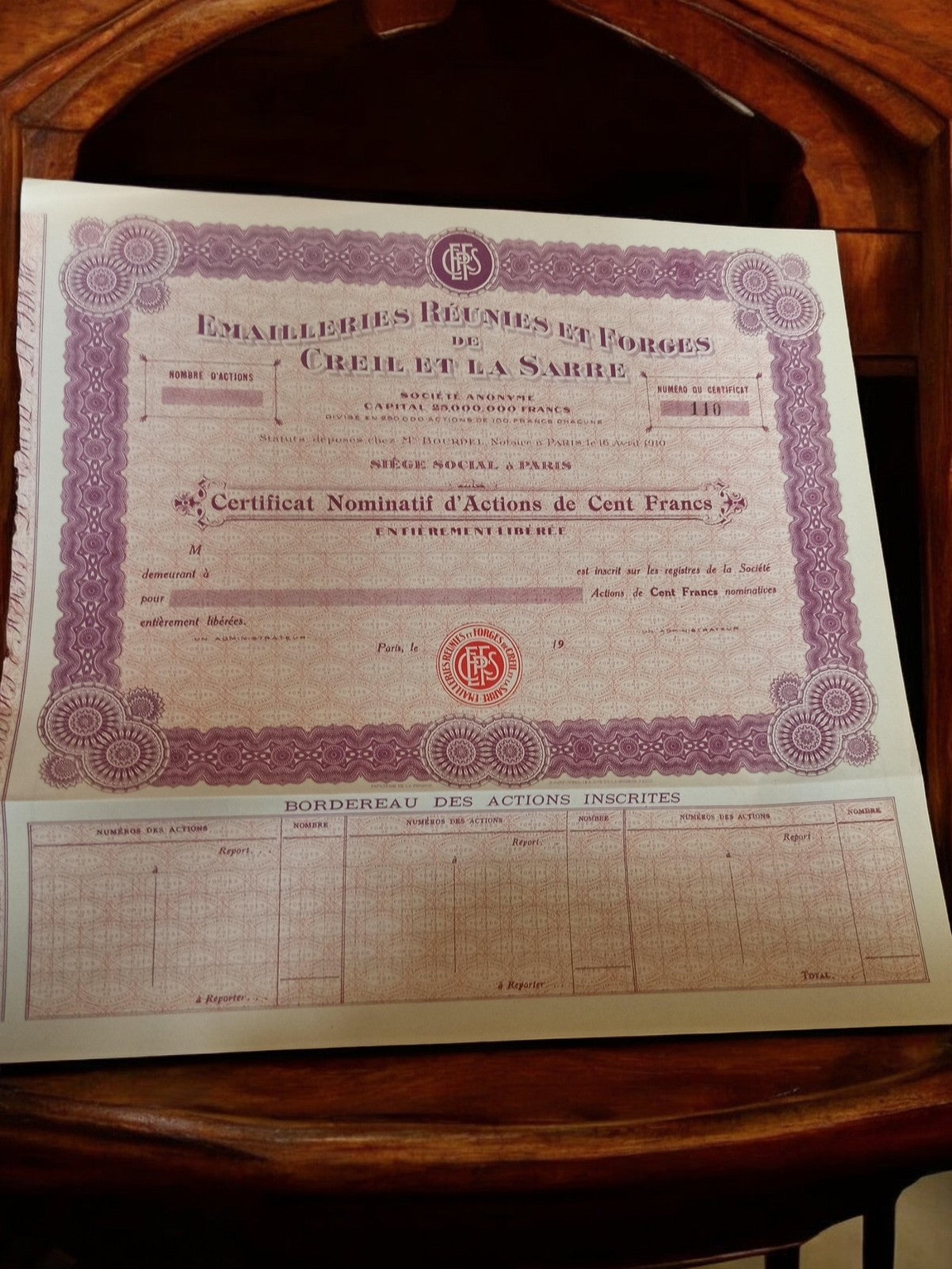 Action ancienne Émailleries Réunies Creil Paris années 1920 certificat vintage