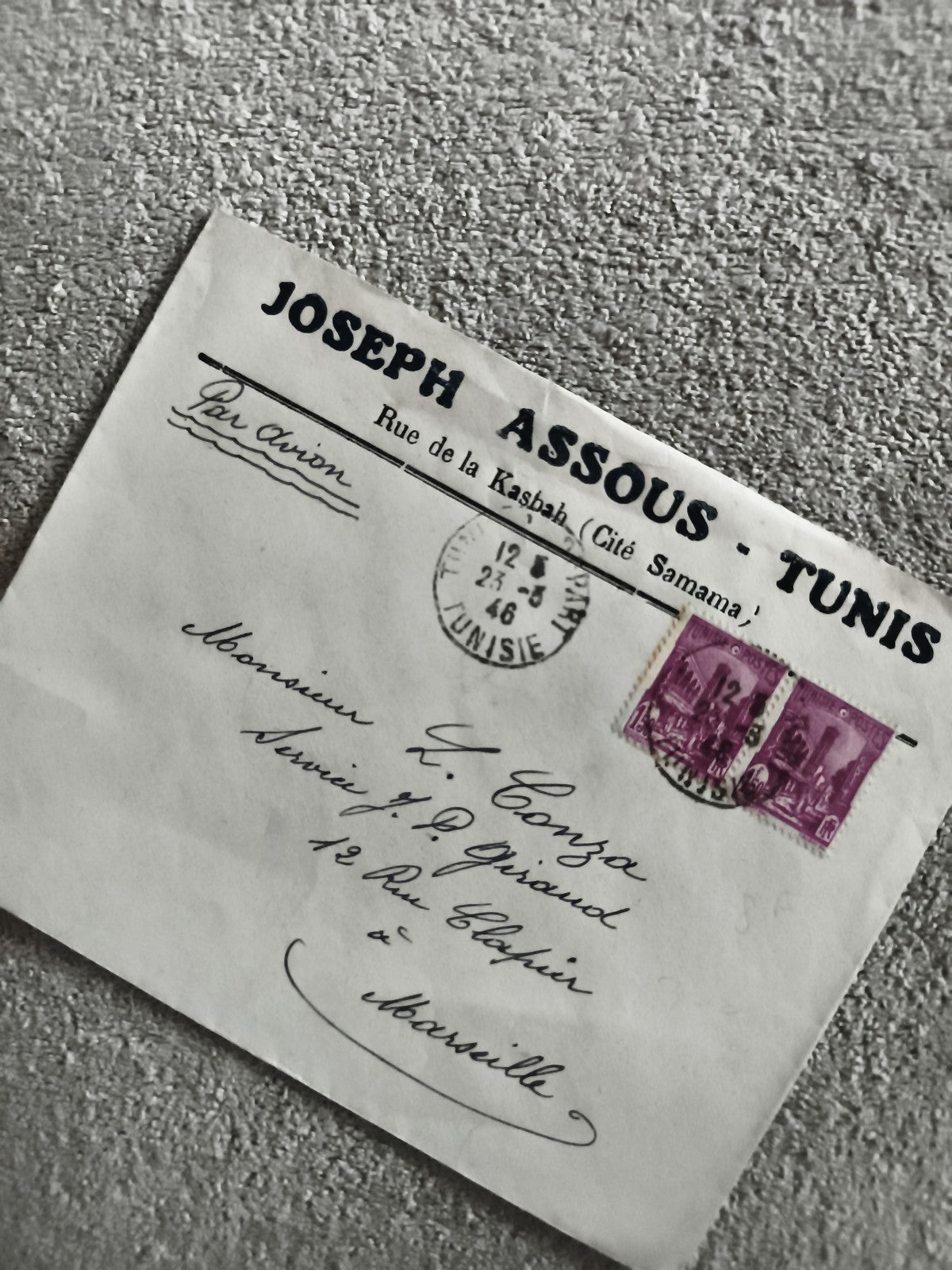 Lettre affranchie Tunis Marseille 1946 timbres 1f50 violet Joseph Assous