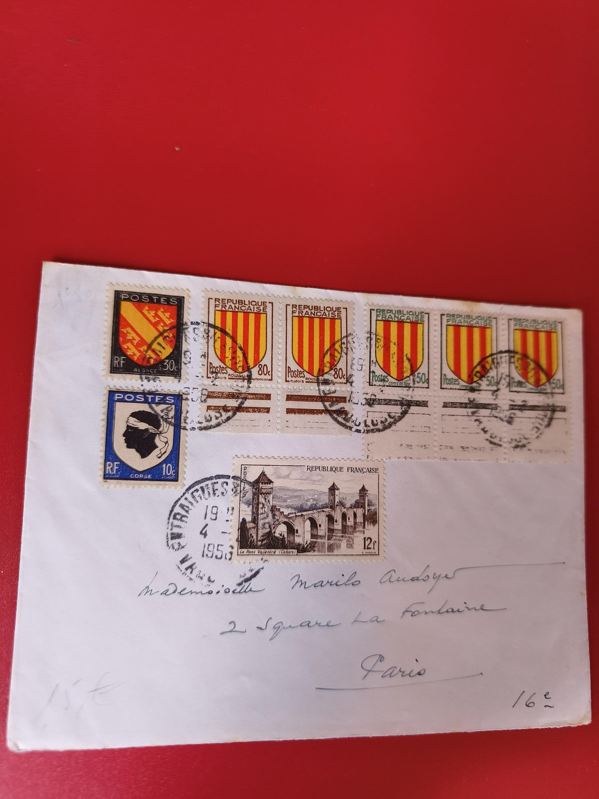 Ancienne lettre timbrée vintage ? oblitérations 1955, blasons, philatélie France