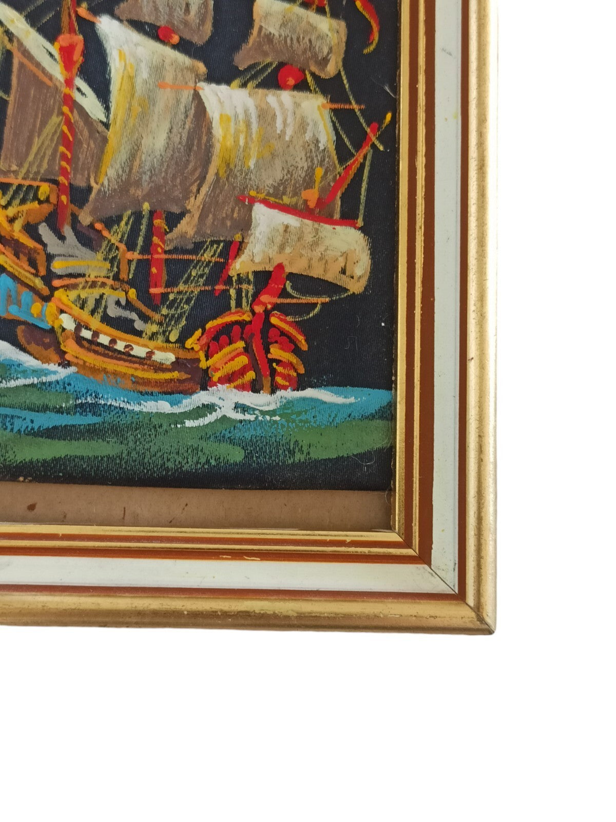 Tableau marin ancien cadre doré – peinture bateau vintage signée décor mural