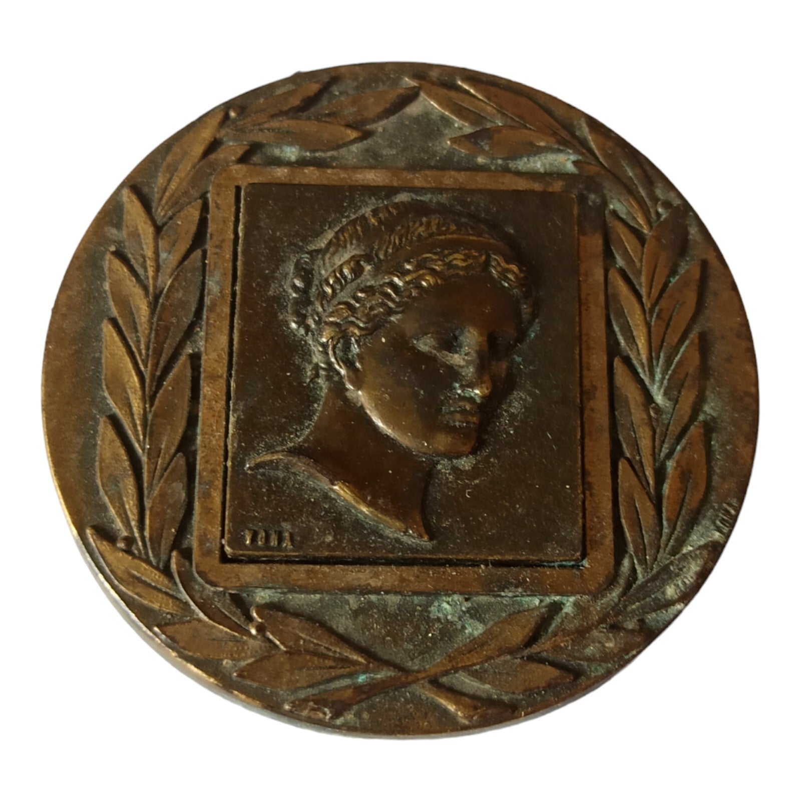 Médaille bronze Vona profil femme laurier offerte CH. E. Loo