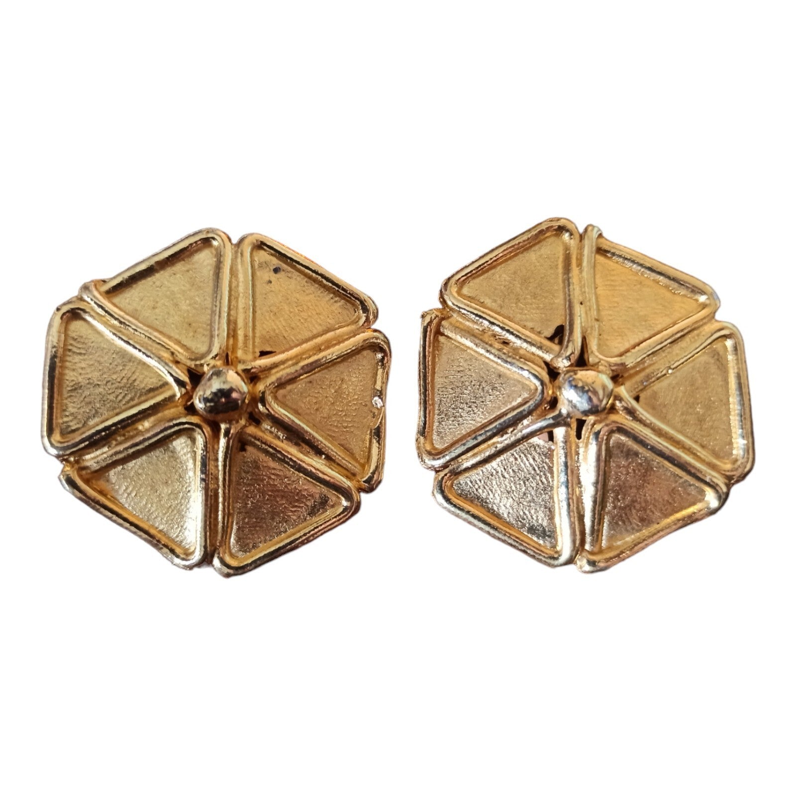 Paire boucles d?oreilles vintage années 70, dorure sur métal, pinces, hexagone