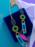 Collier fantaisie vintage pendentif rétro bleu vert doré années 80