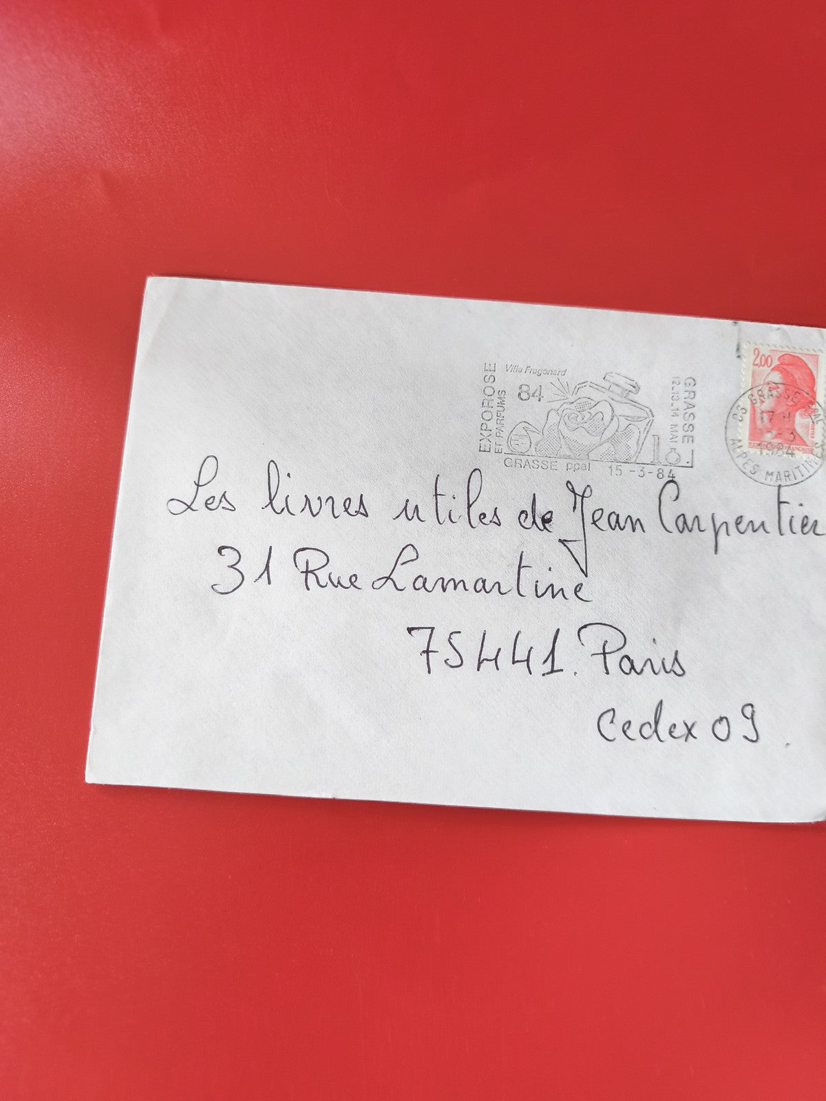 Enveloppe philatélie oblitérée Grasse 1984 timbre Marianne rouge