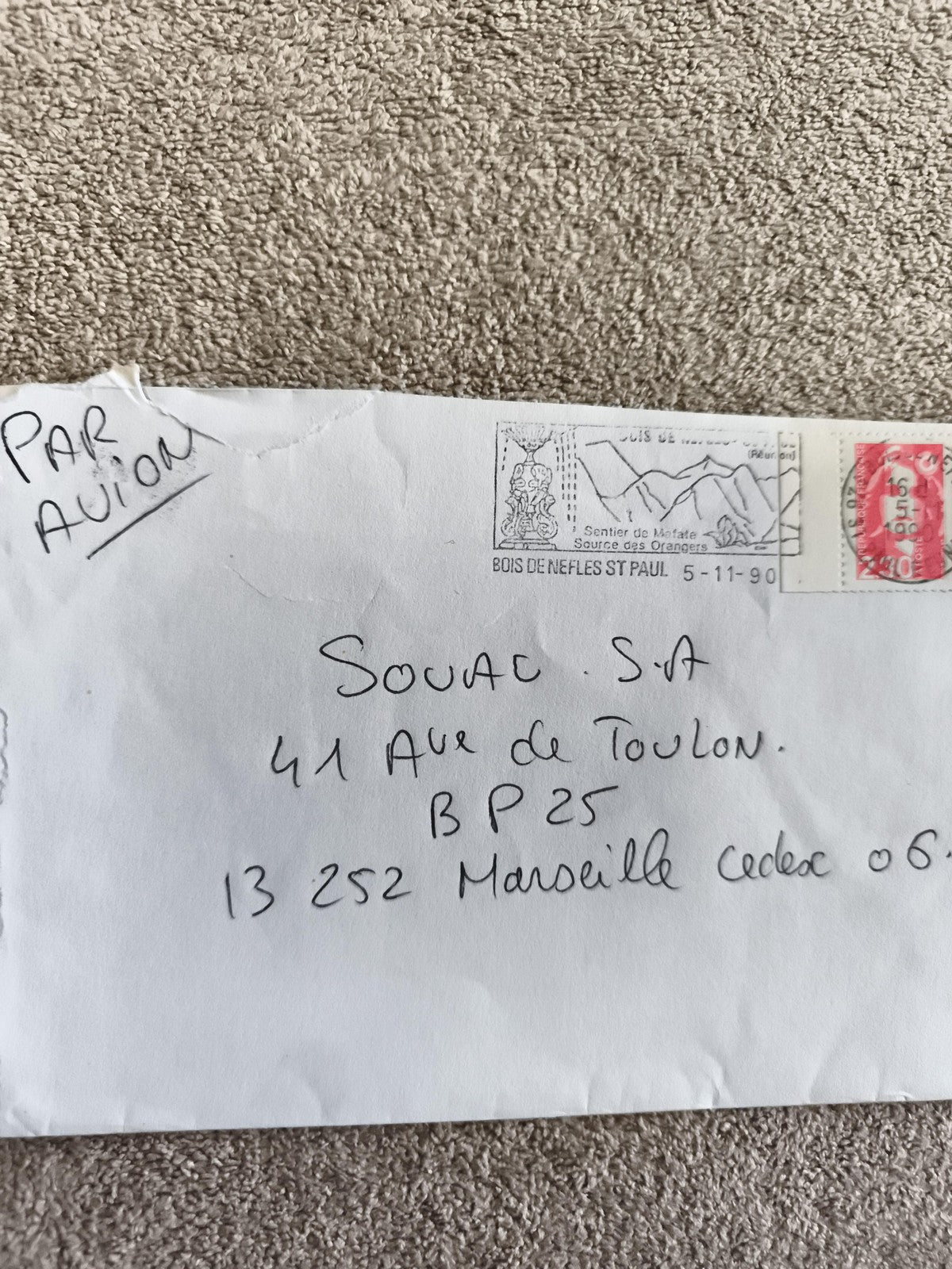 Lettre affranchie France 1990 cachet Bois de Nèfles St Paul timbre 2,40F philaté