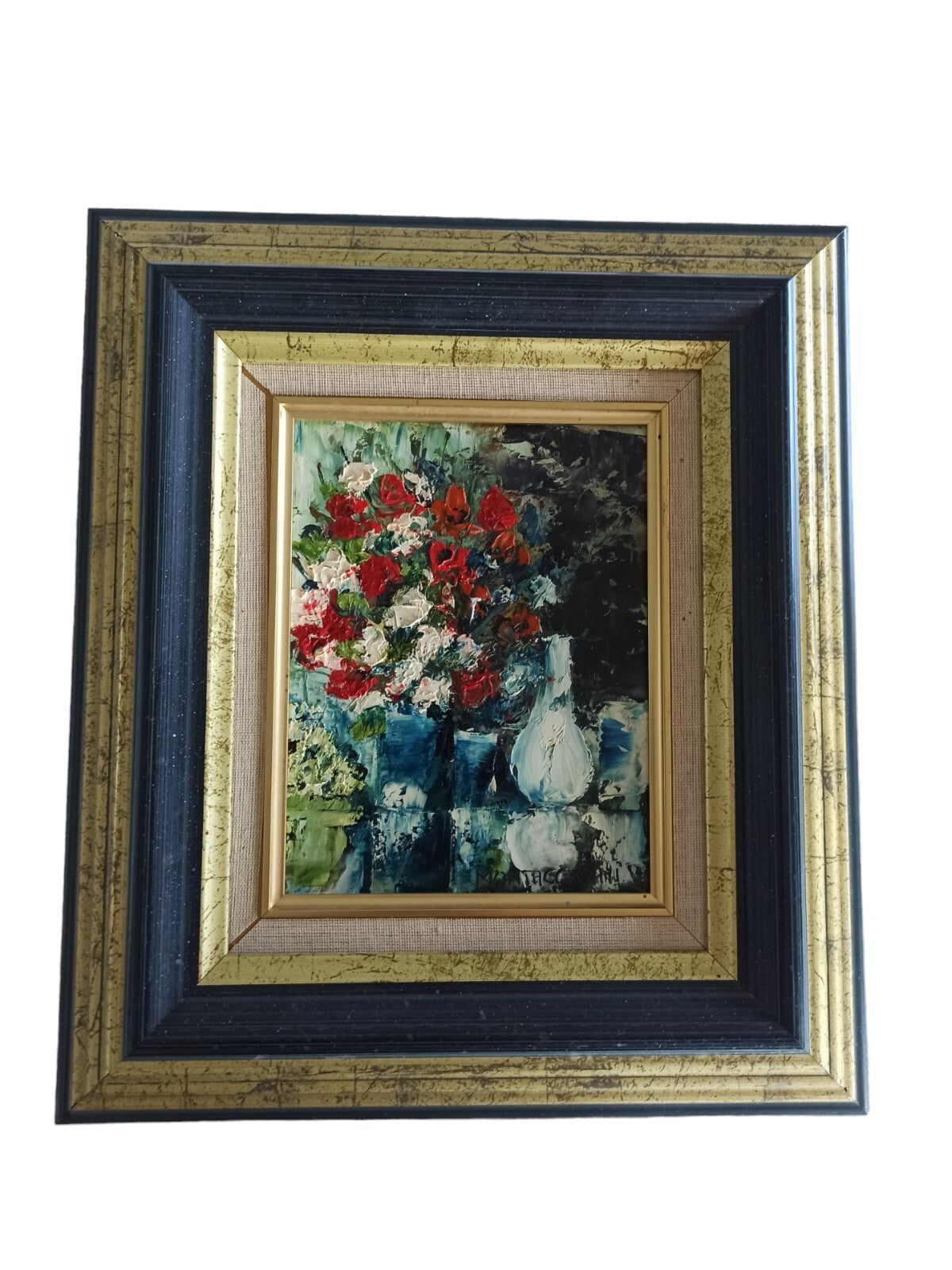Tableau ancien signé Montaggioni fleurs nature morte cadre doré 32x28 cm peintur
