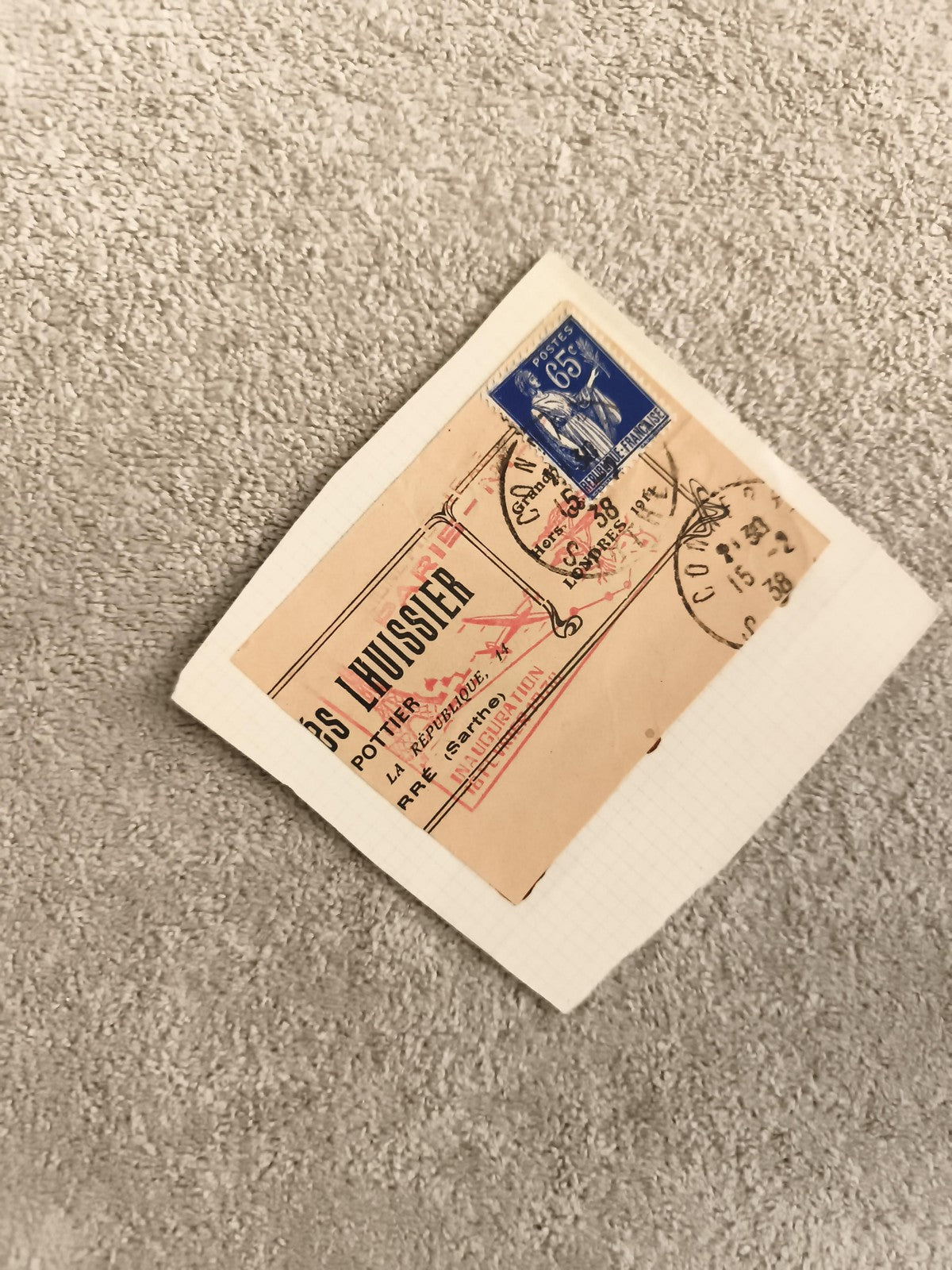 Lettre affranchie timbre 65c Semeuse bleu oblitération 1938 philatélie