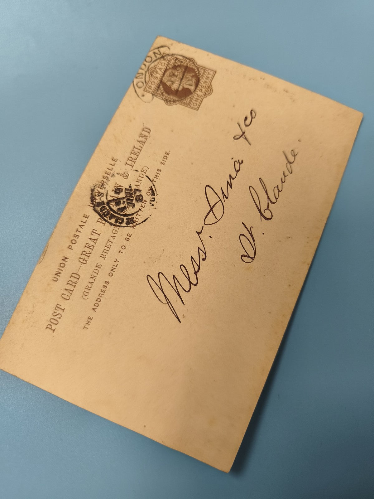 Ancienne carte postale fin XIXe philatélie France timbre Londres (Ref 5)