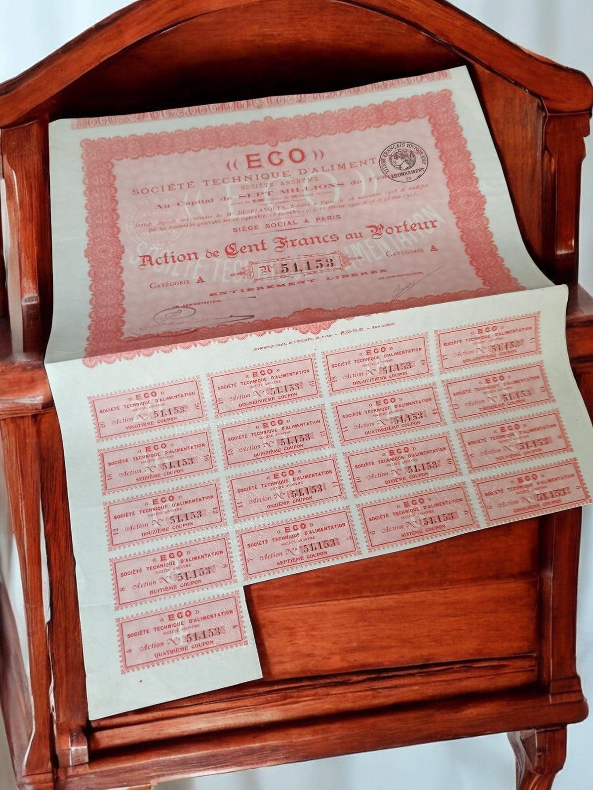 Action au porteur ECO 1920s ancienne société technique d’alimentation titre bour