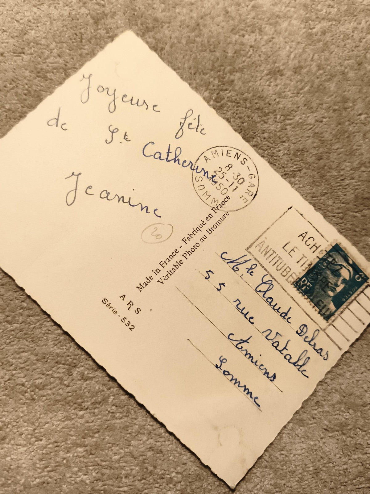 Carte postale écrite timbre Semeuse bleue Amiens 1950s philatélie (Ref 9)