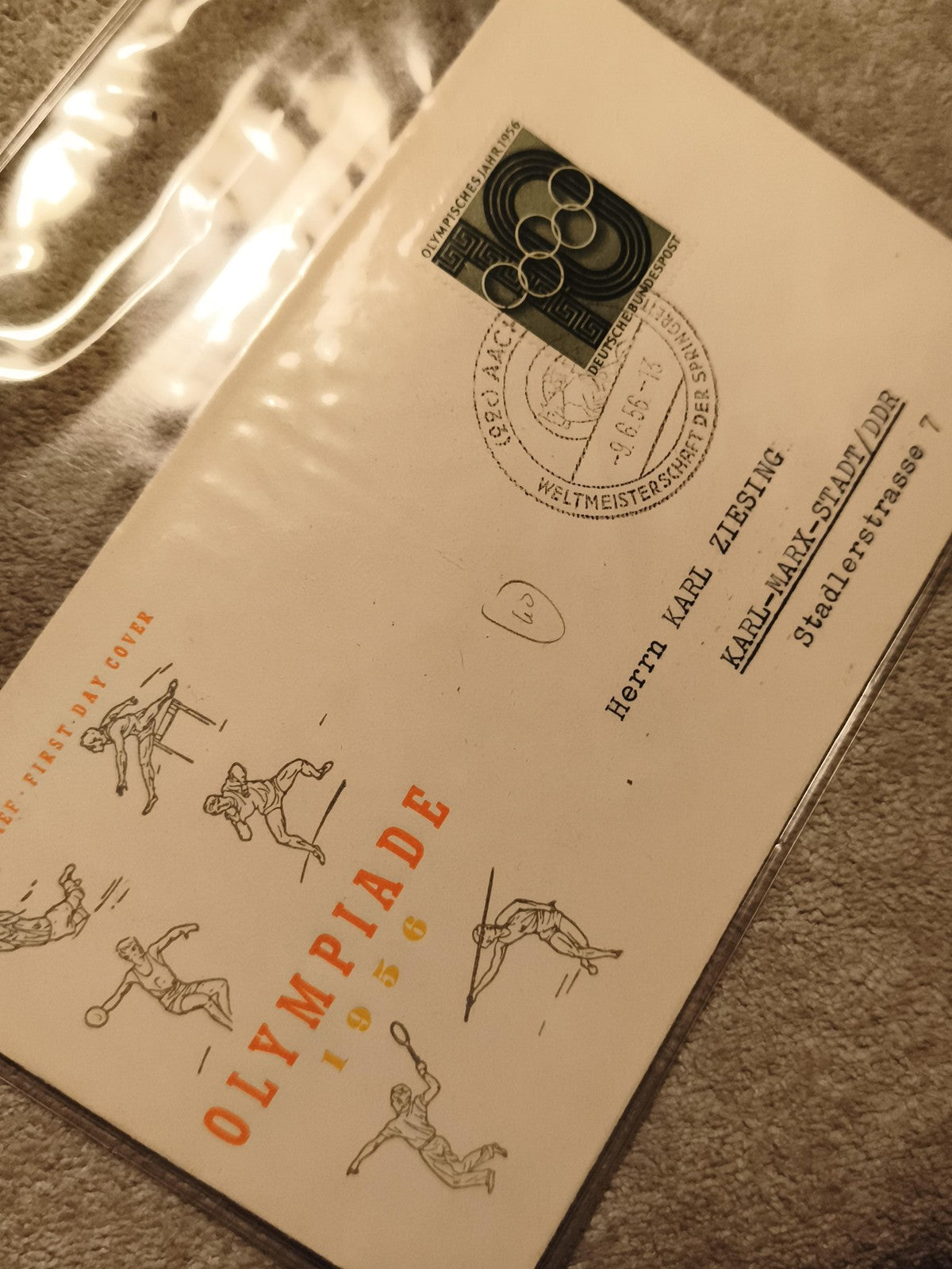 Lettre premier jour Olympiade 1956 timbre Allemagne DDR sport philatélie (Ref 27