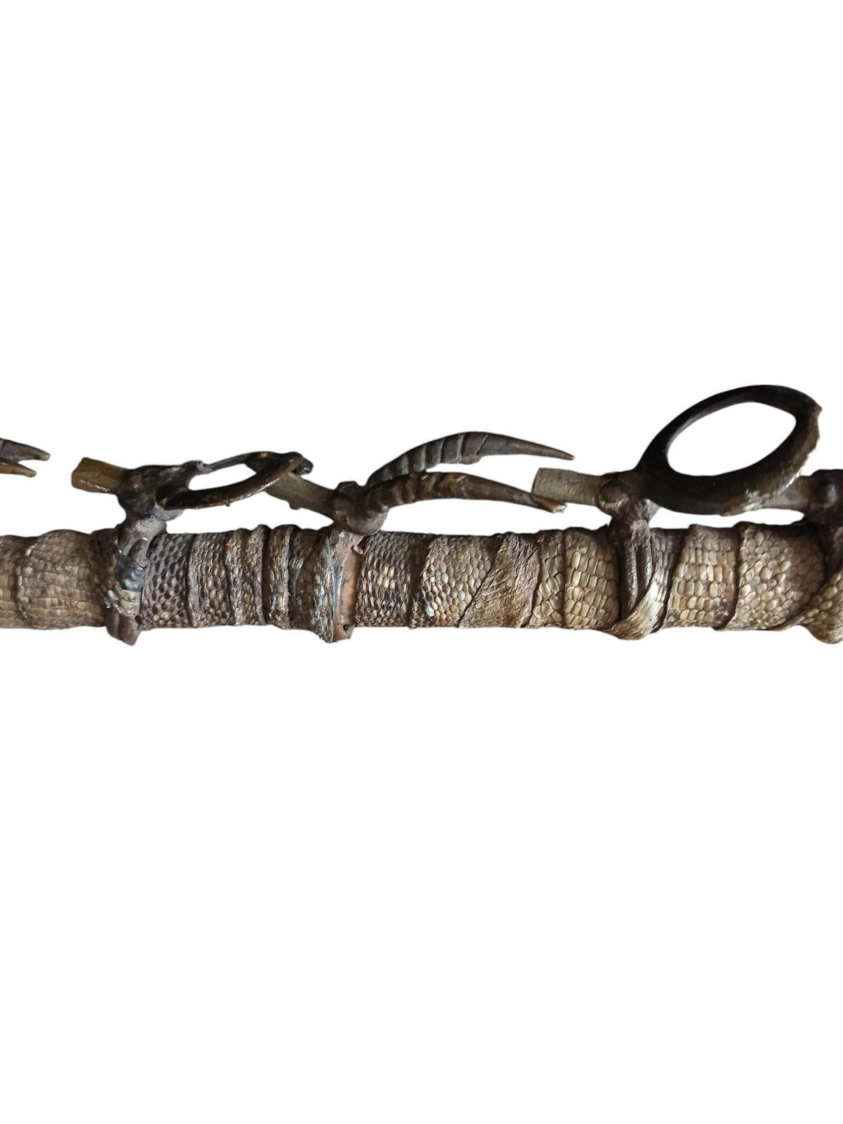 Pipe africaine ancienne bois serpent bronze, sculpture ethnique décorative