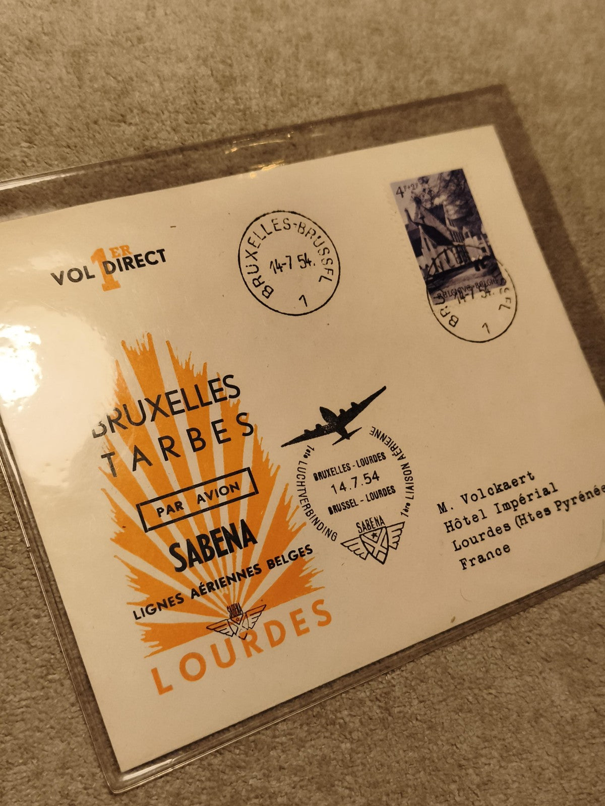 Lettre 1er vol direct Bruxelles Lourdes Sabena 1954 cachet philatélie avion