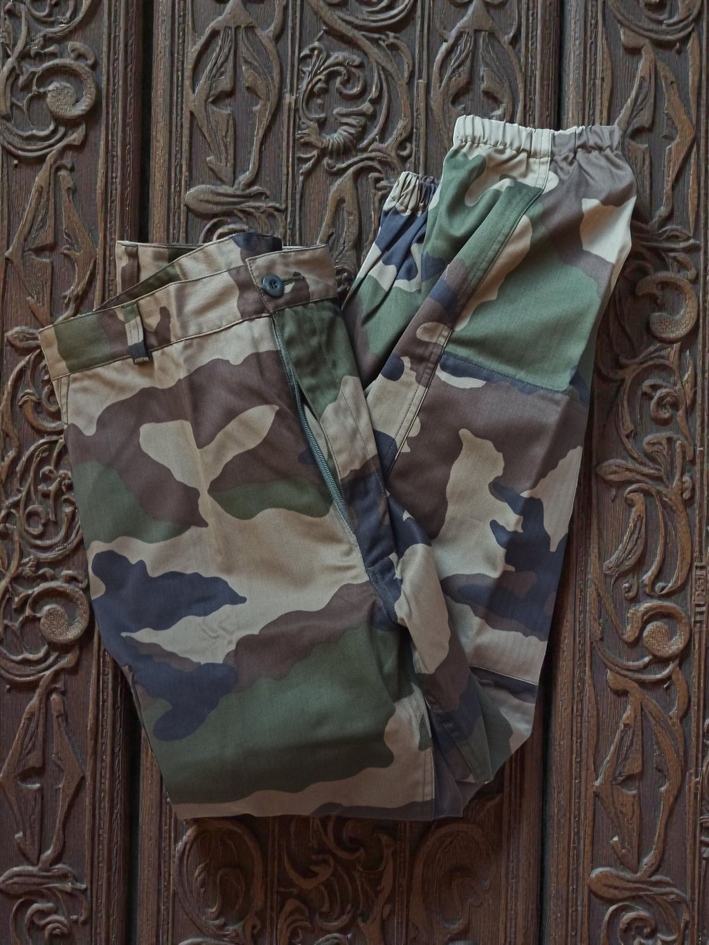 Pantalon militaire camouflage vintage, authentique armée, rétro militaria