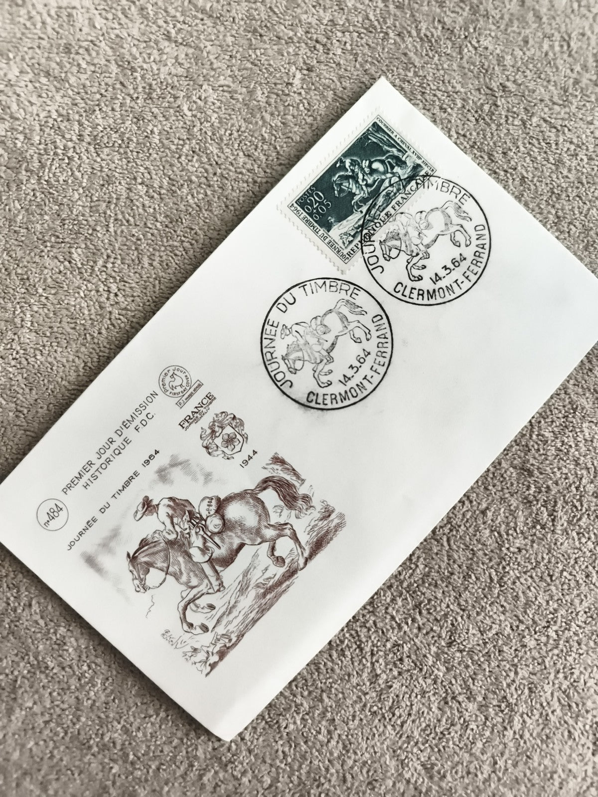 Lettre 1er jour émission 1964 Journée du Timbre Clermont-Ferrand cheval FDC
