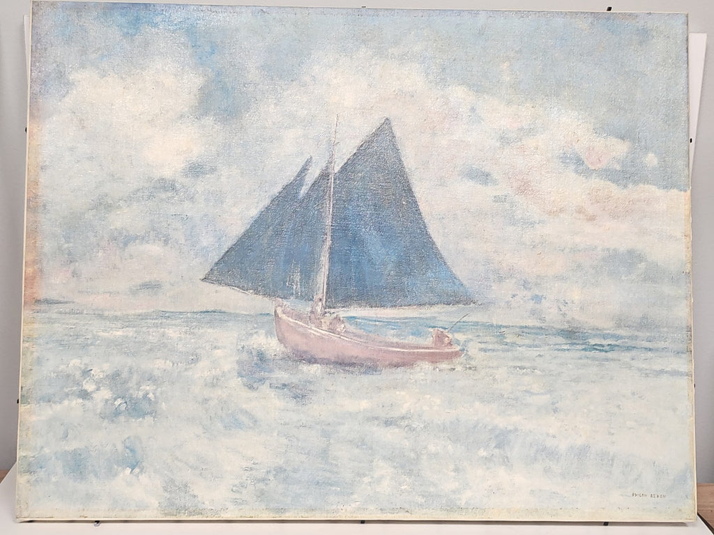 Ancien tableau vintage "Le bateau rouge" reproduction atelier Odilon Redon certi