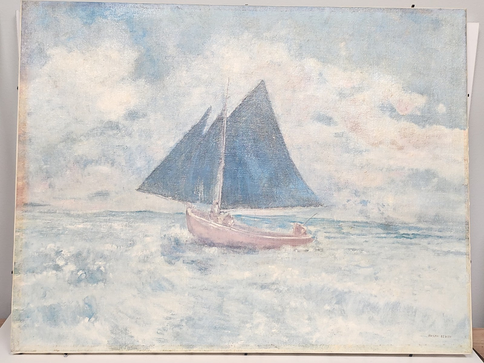 Ancien tableau vintage "Le bateau rouge" reproduction atelier Odilon Redon certi