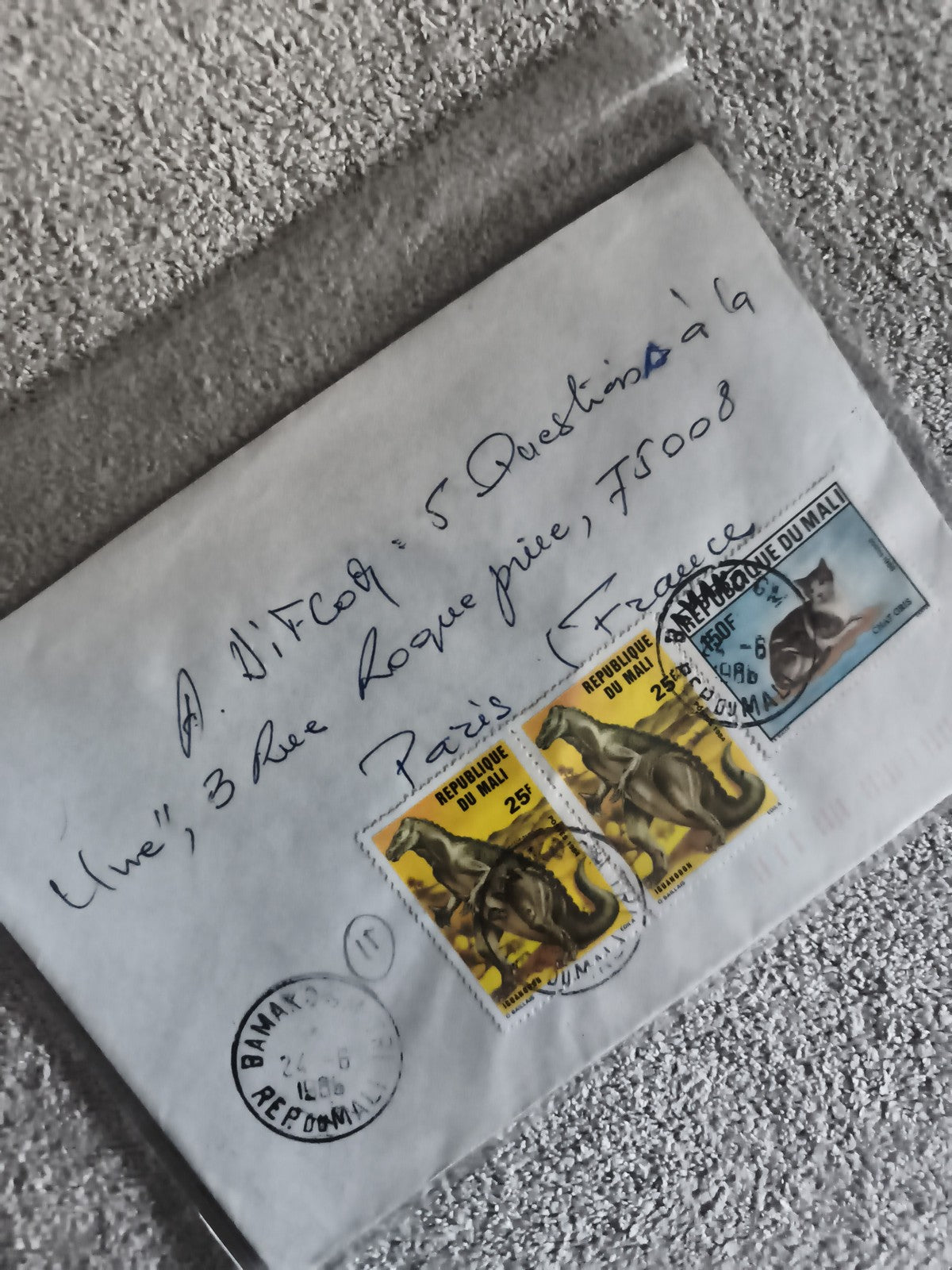 Lettre affranchie Mali dinosaures 3 timbres oblitérés philatélie postal (Ref 27)