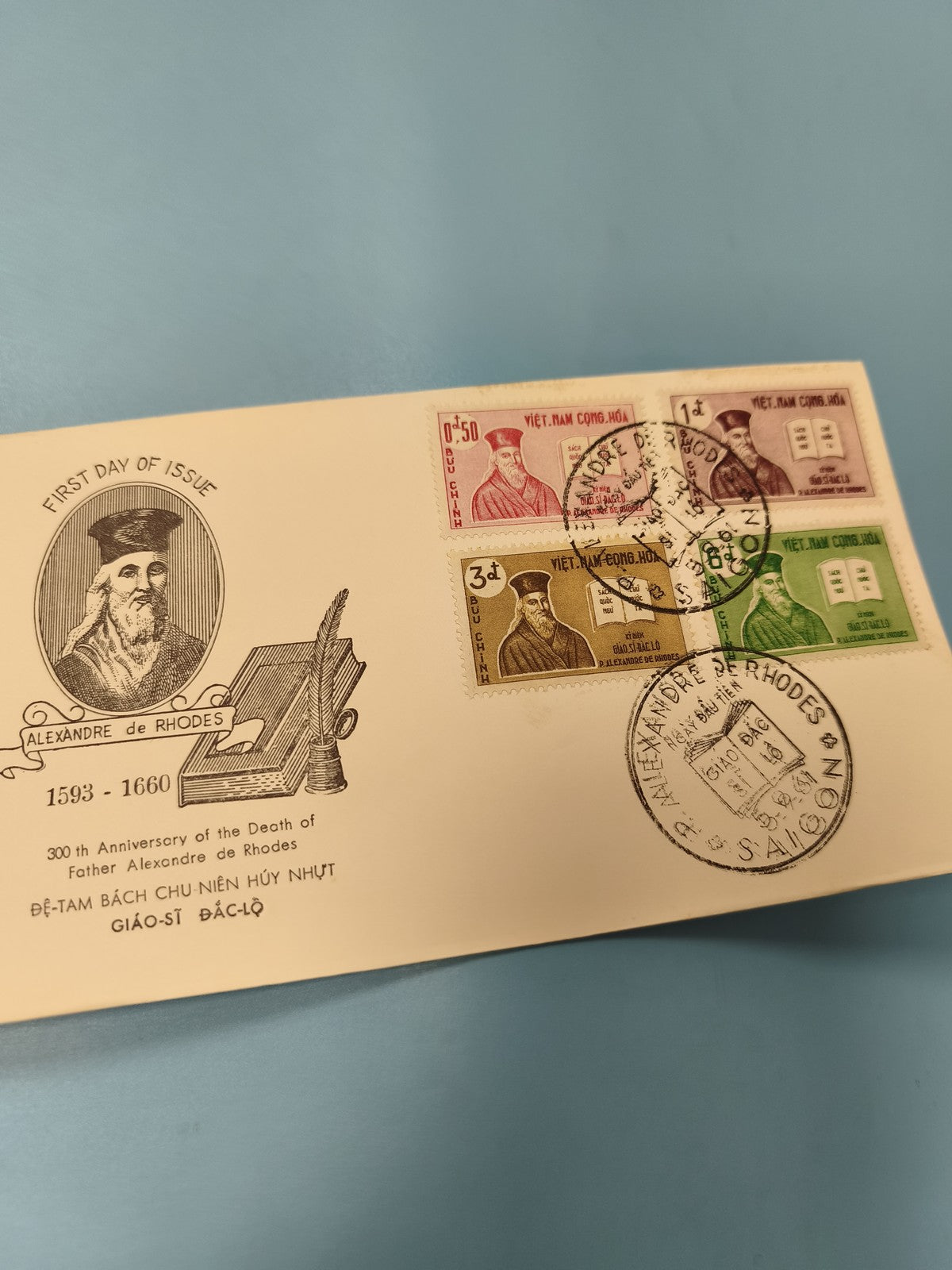 Ancienne enveloppe FDC Vietnam Alexandre de Rhodes 1960, timbres commémoratifs