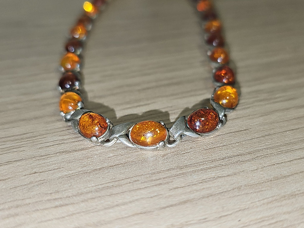 Collier vintage ancien en argent et ambre naturel, art déco années 1930 rare