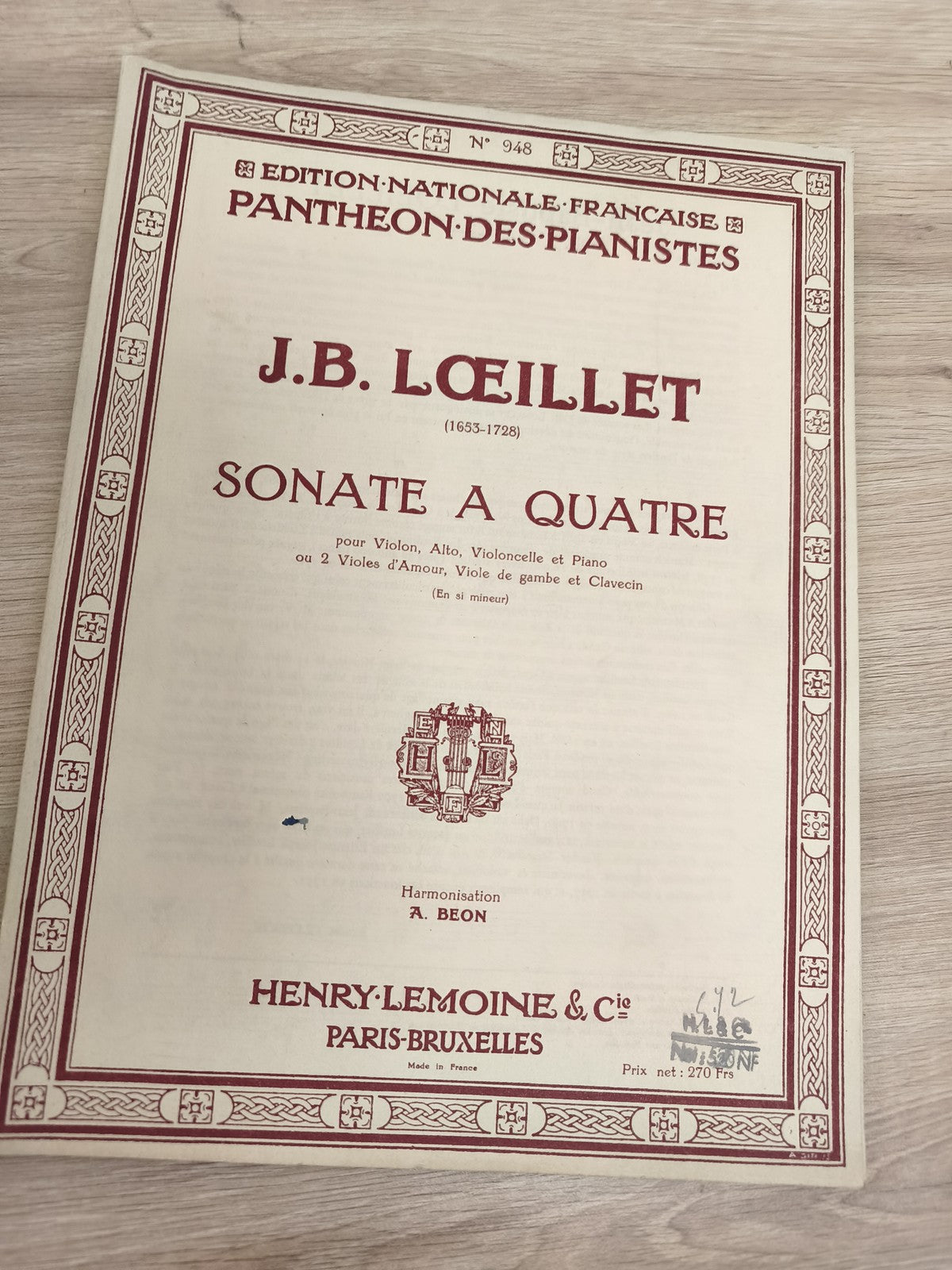 Ancien livre partitions J.B. Loeillet violon piano Sonate à Quatre Lemoine