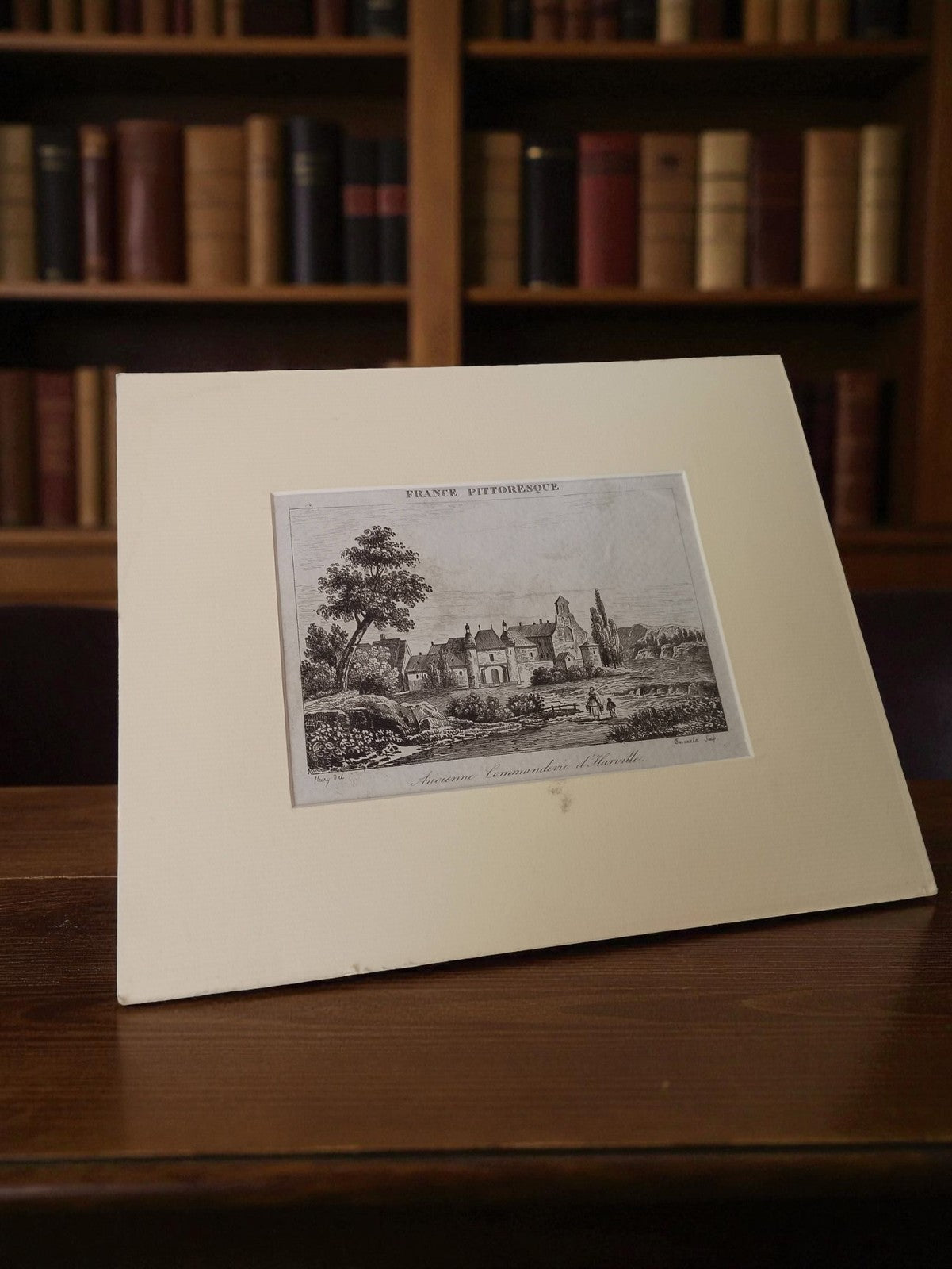 Gravure ancienne France pittoresque, paysage rétro, encadrée vintage déco