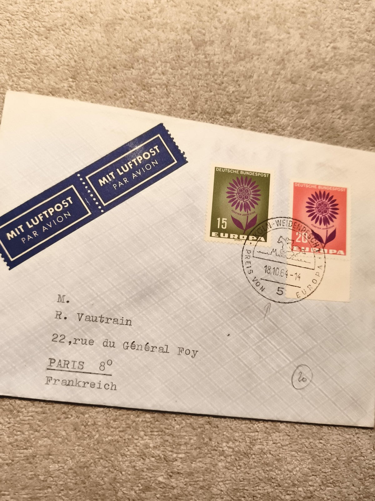 Lettre affranchie timbres Europa 1964 Deutsche Bundespost, cachet Allemagne, Par