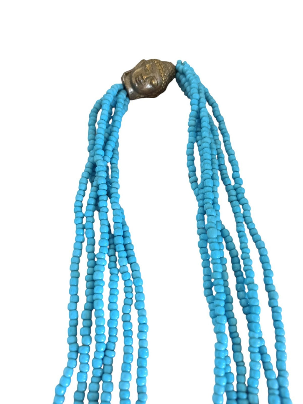 Collier vintage multi-rangs perles turquoises fermoir tête Asie, bijou ethnique
