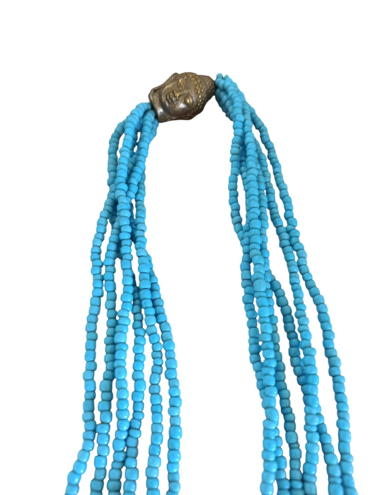 Collier vintage multi-rangs perles turquoises fermoir tête Asie, bijou ethnique