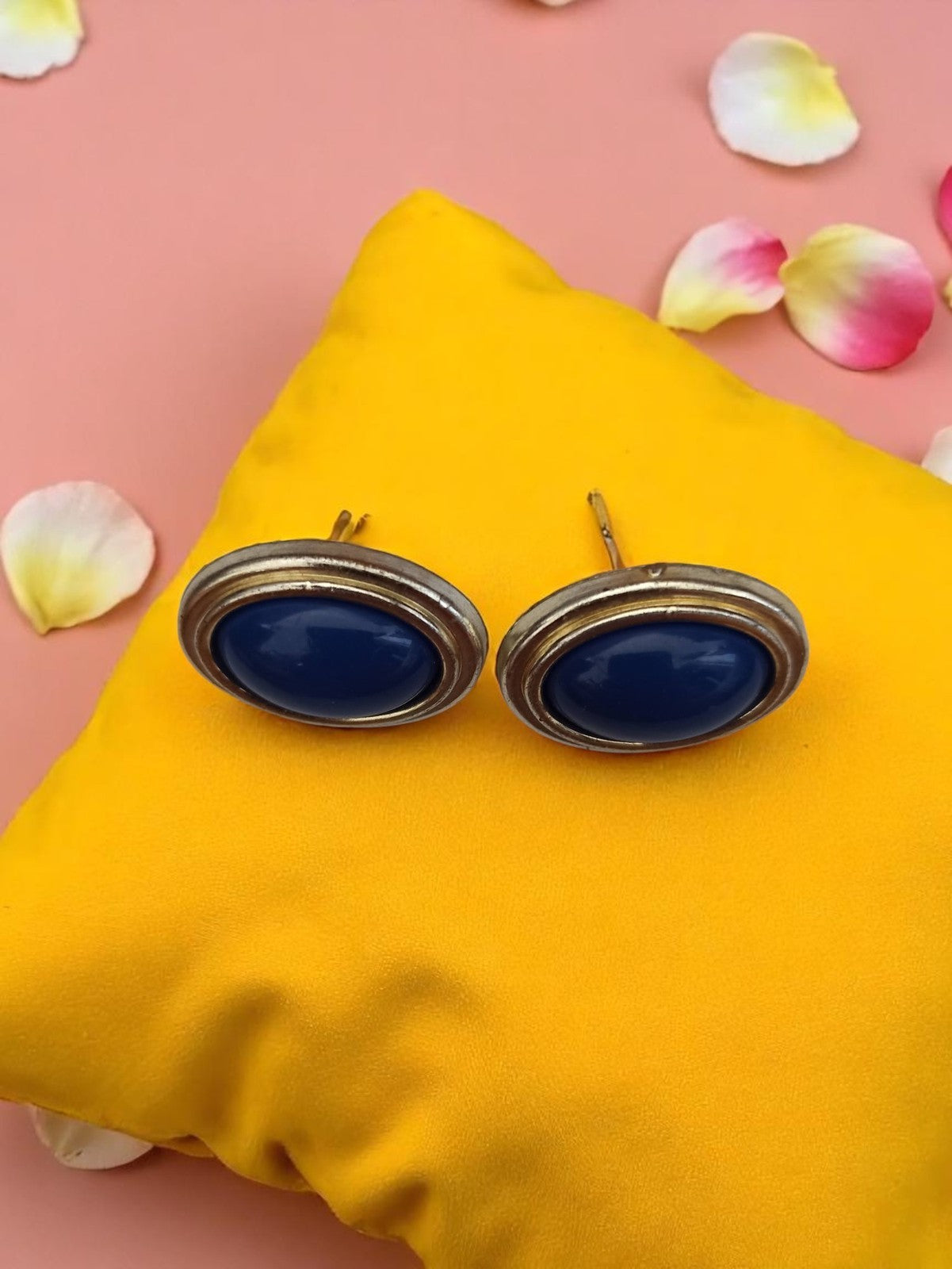 Boucles d?oreilles vintage ovales bleu marine, fantaisie, finition dorée