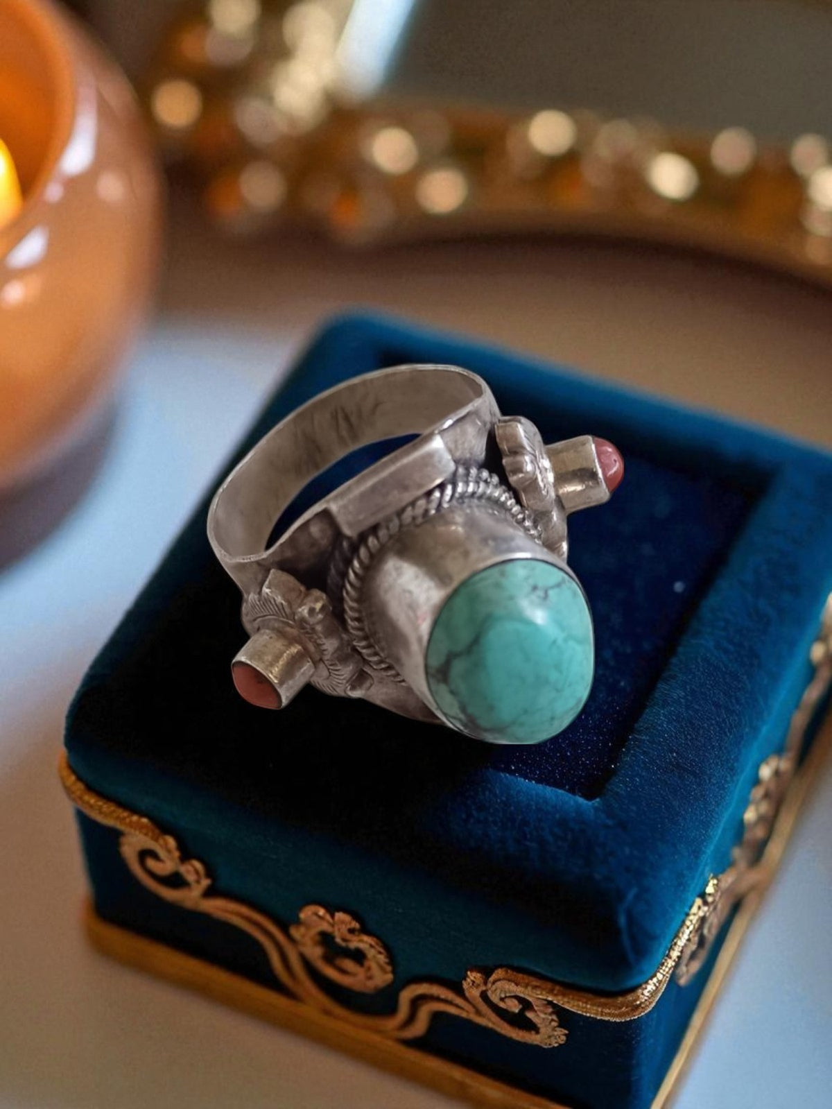 Vintage silver turquoise coral ring size 55 ethnic boho style