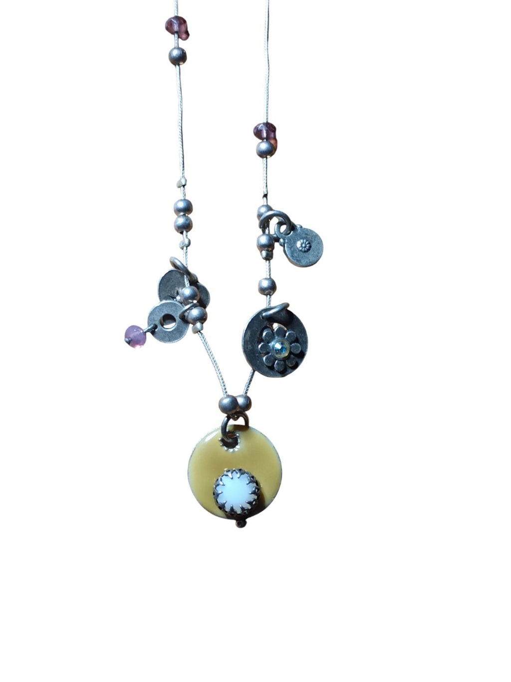 Collier pendentifs argenté vintage créateur, perles et médaillons, pièce unique