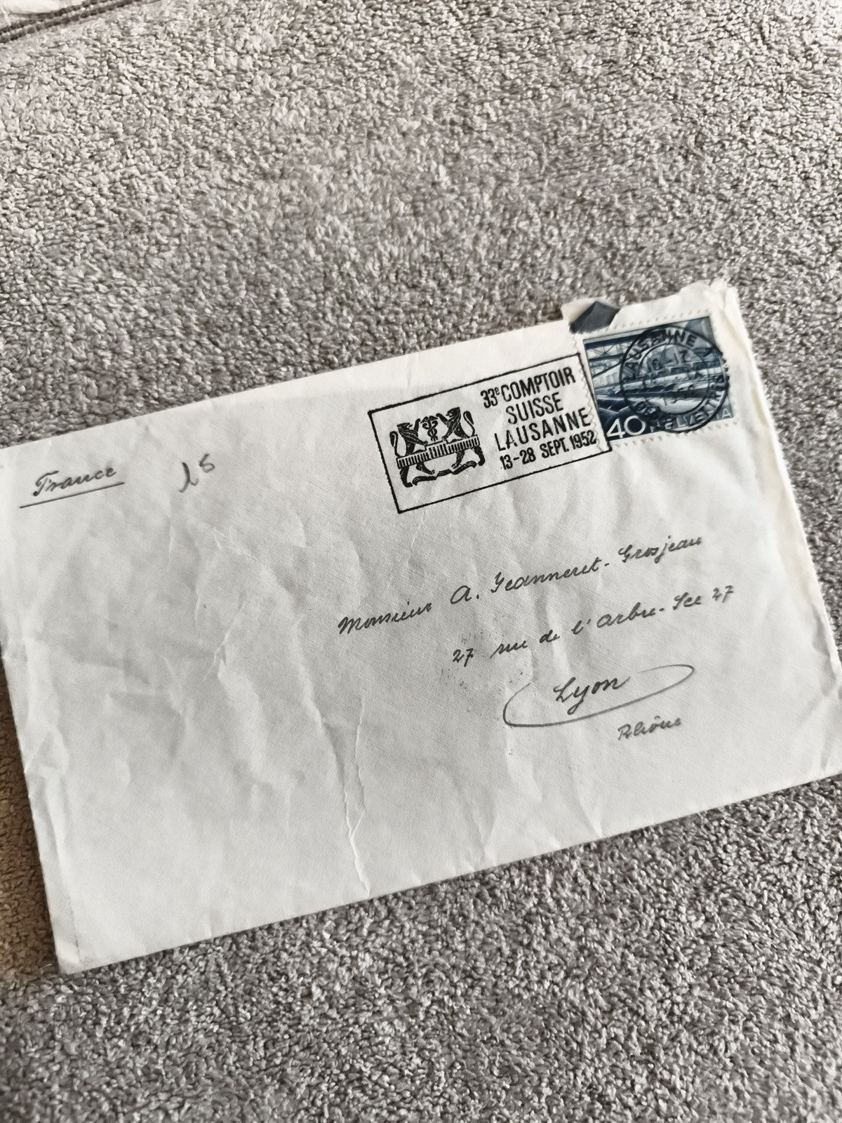 Lettre affranchie Suisse 1952 Lausanne 40c, cachet Comptoir, philatélie France
