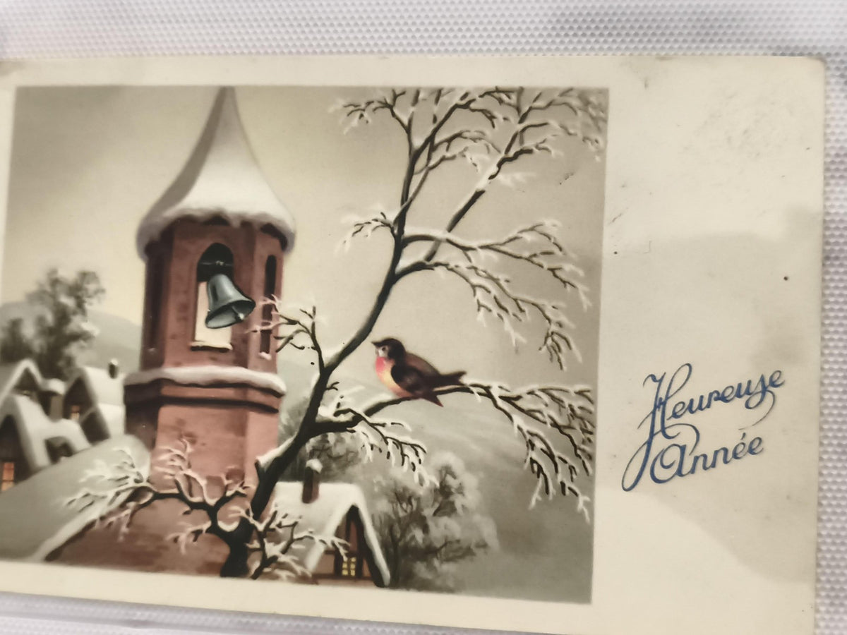 Carte postale ancienne Heureuse Année oiseau clocher neige CPA vintage hiver