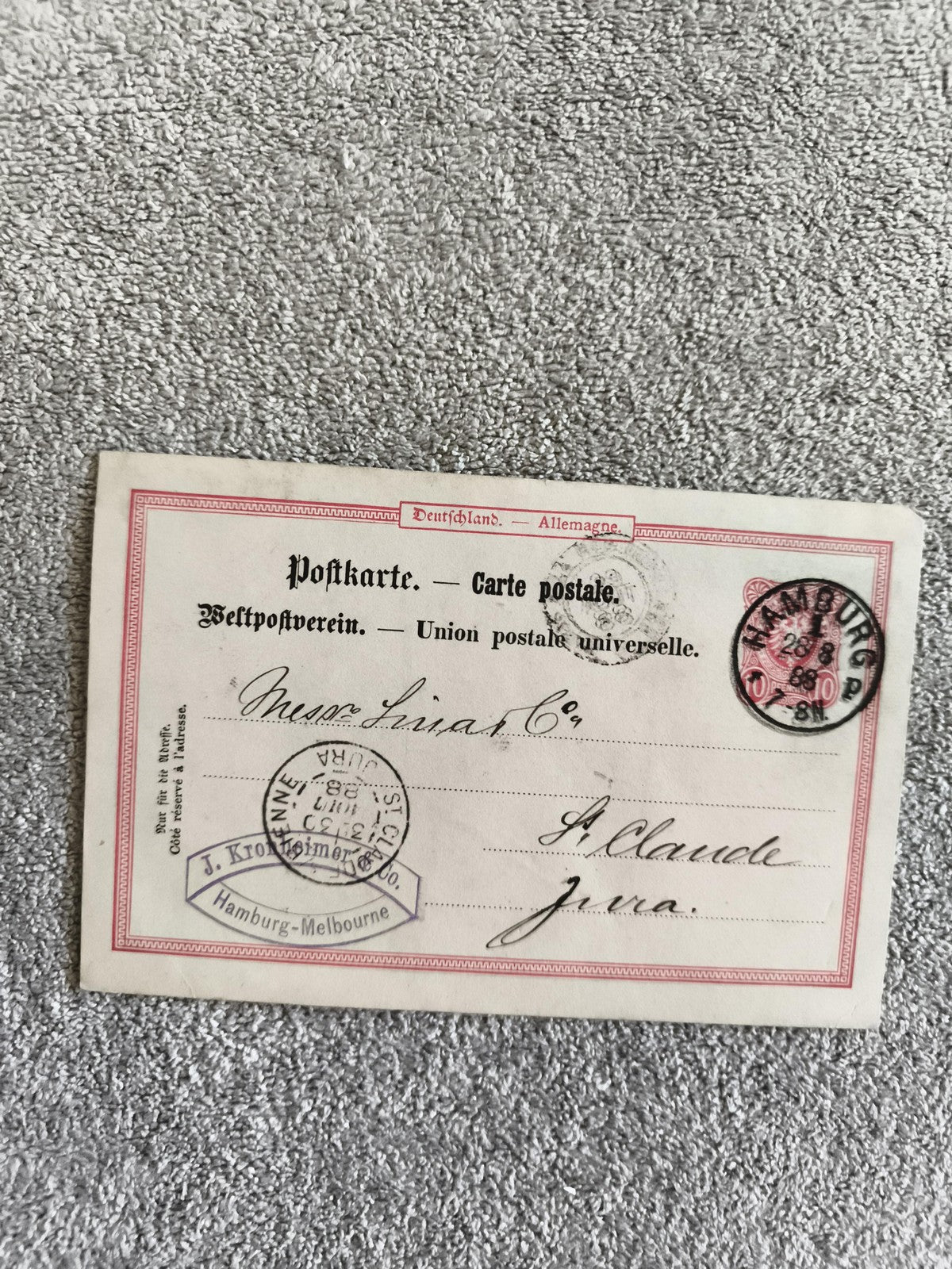 CPA Allemagne Hamburg 1880 oblitérée timbre rouge St Claude Jura