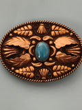 Boucle de ceinture ancienne Alfaca, motif cuivre et cabochon bleu vintage