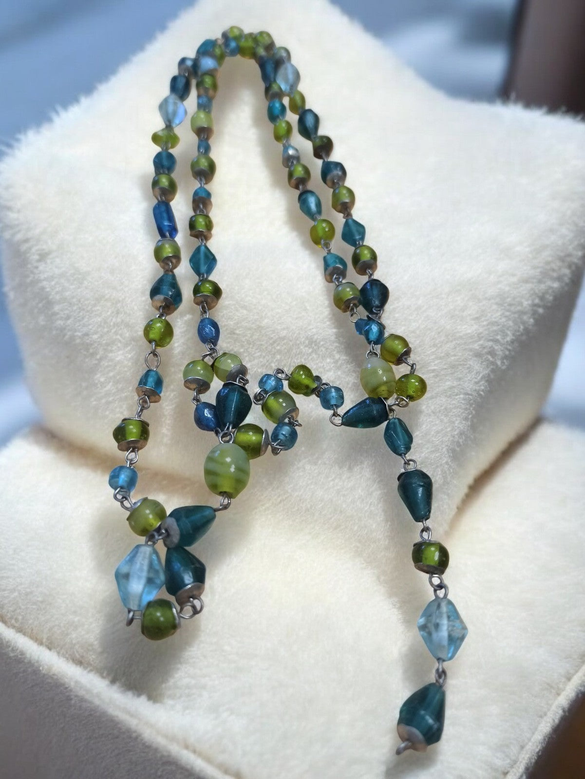 Collier ancien vintage perles vert bleu rétro fantaisie, bijou original années 6