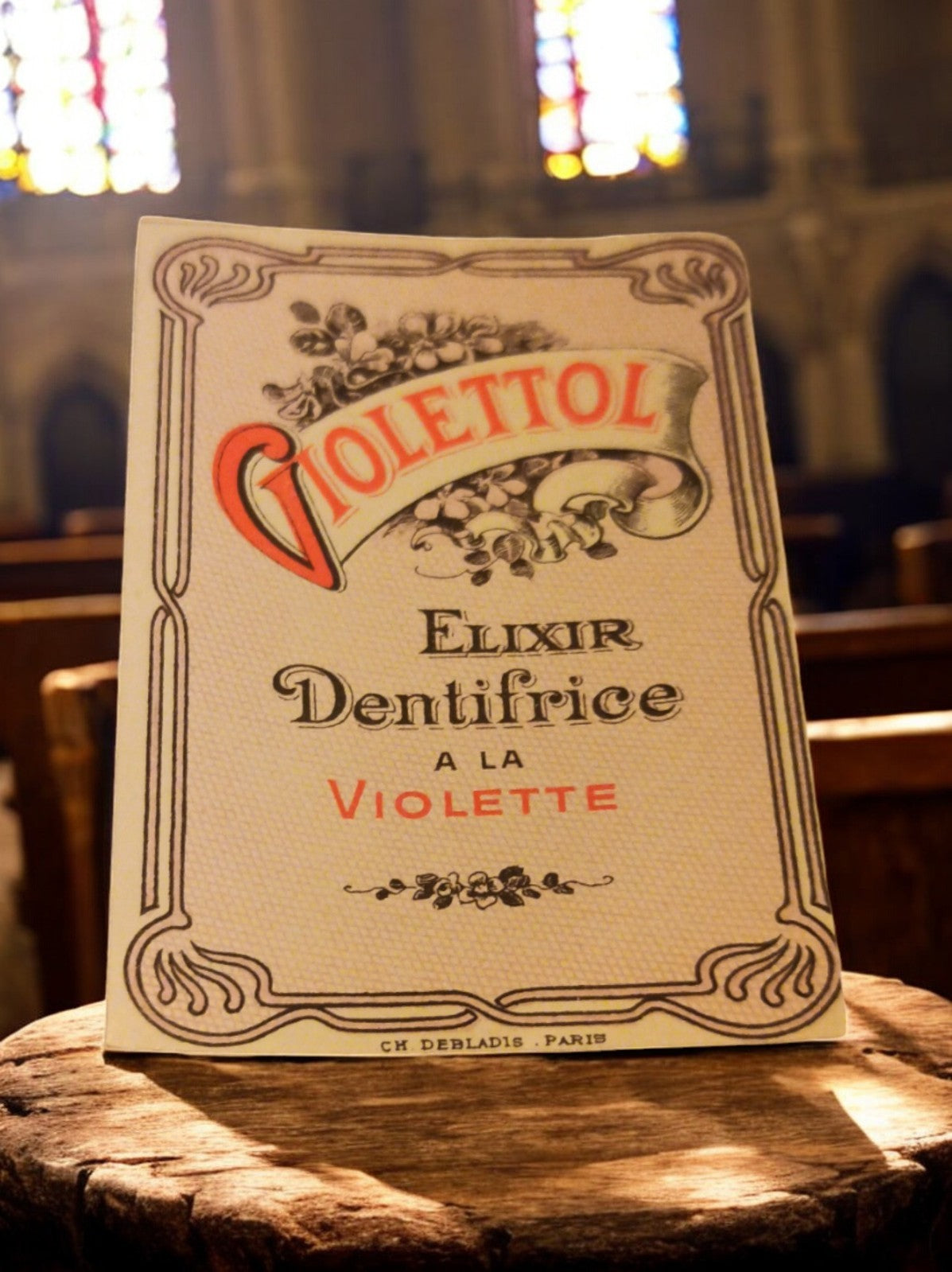 Étiquette publicitaire vintage Violettol Elixir Dentifrice violette déco rétro