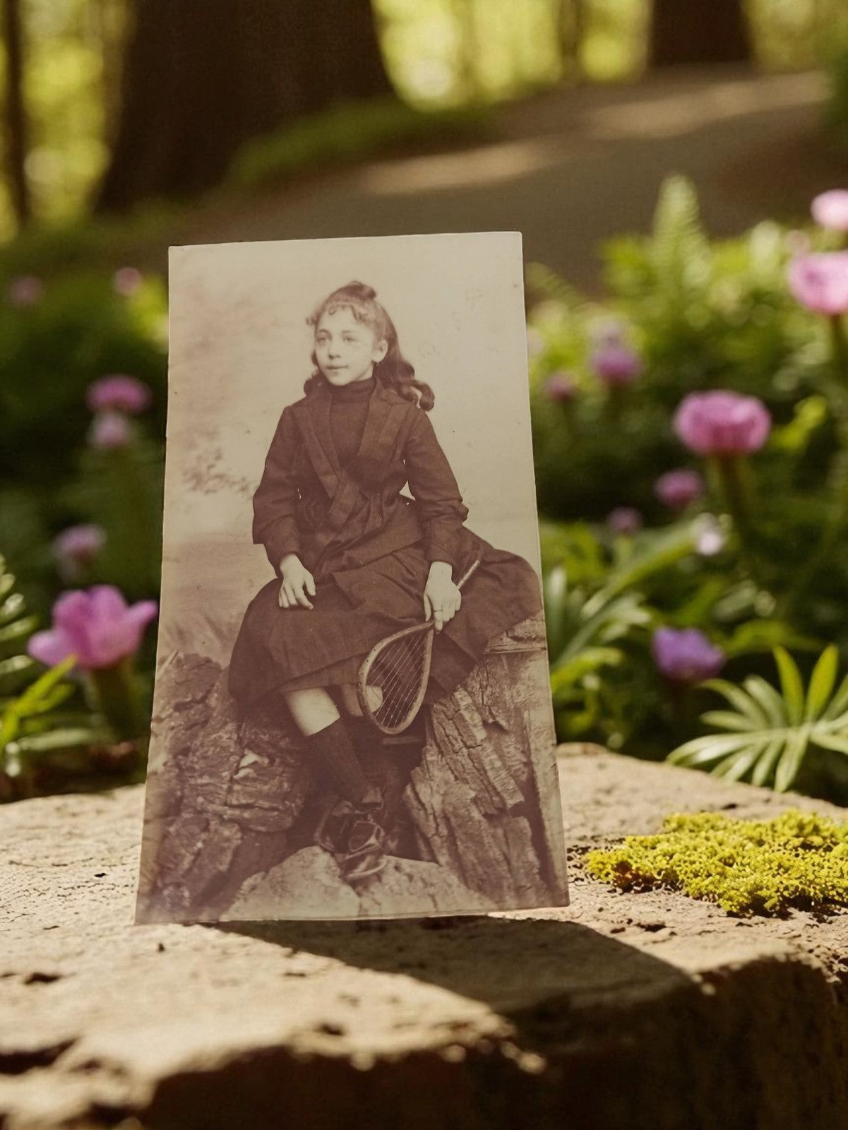 Photographie ancienne fillette raquette, portrait rétro XIXe, cabinet de curiosi