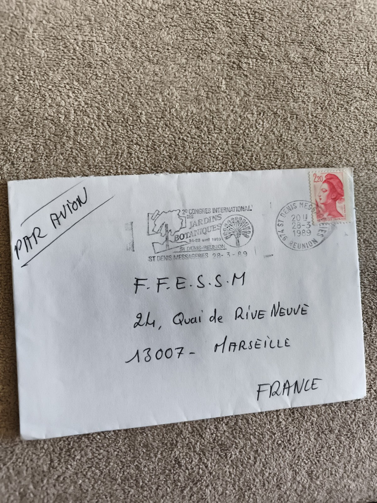 Lettre oblitérée 1989 congrès Jardins Botaniques St Denis Réunion philatélie