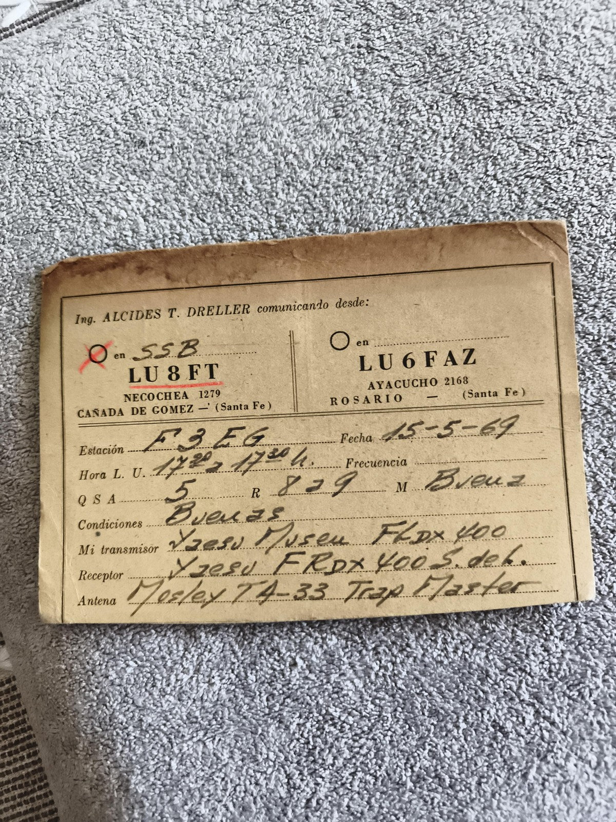 Carte QSL ancienne radio LU8FT 1969 SSB Argentine vintage amateur
