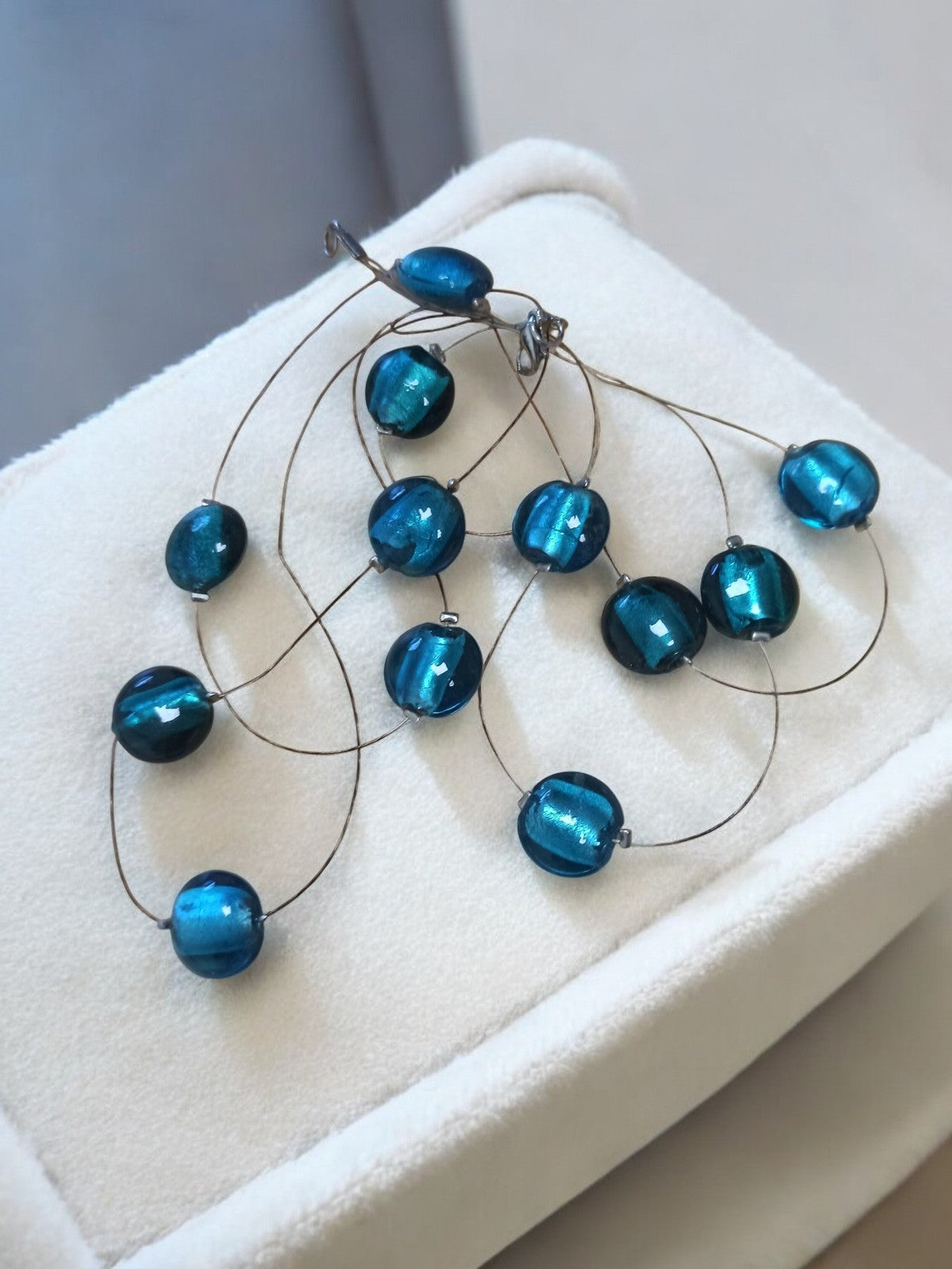 Collier vintage perles bleu rétro, bijou fantaisie ancien original