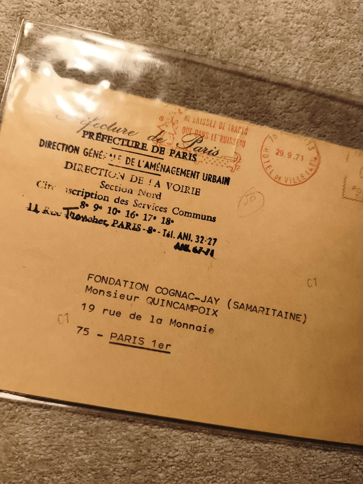 Lettre administrative cachet 1971 Paris Préfecture voirie philatélie mairie