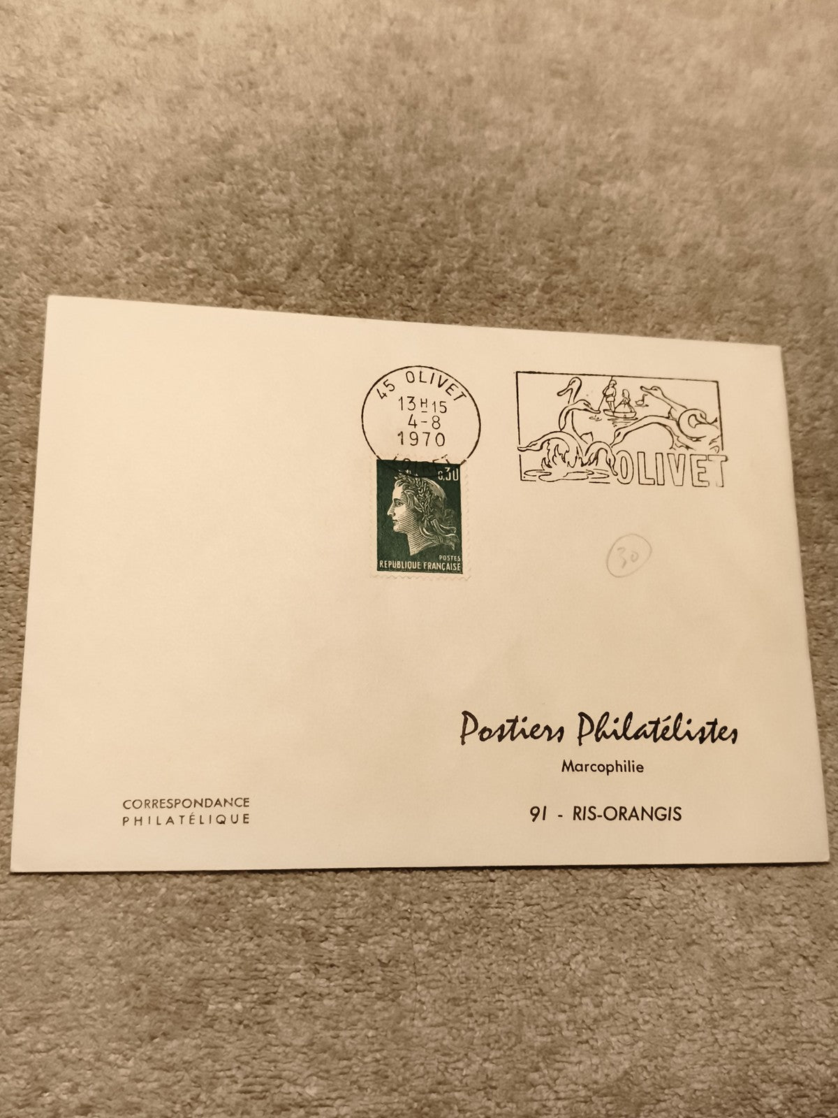 Lettre premier jour Olivet 1970 Marianne timbre 30c Poste philatélique (Ref 27)