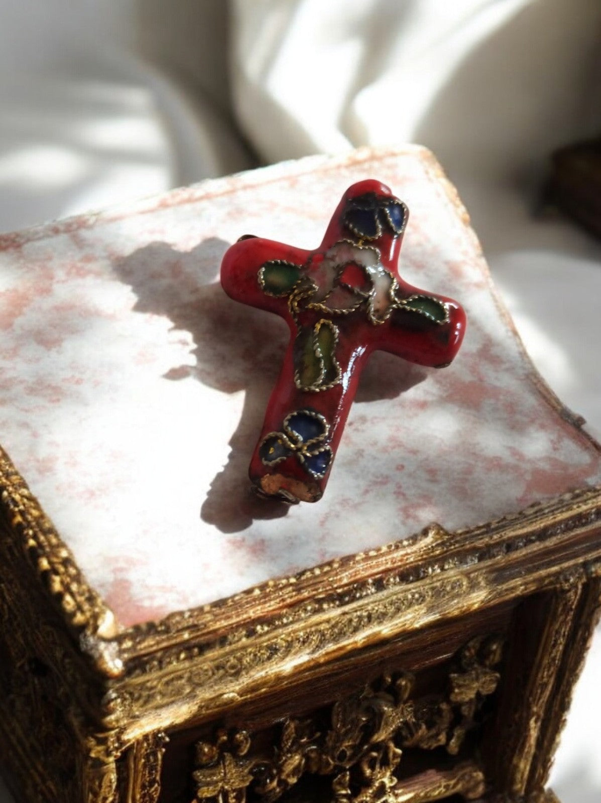 Vintage decorative red enamel cross Made in France religious